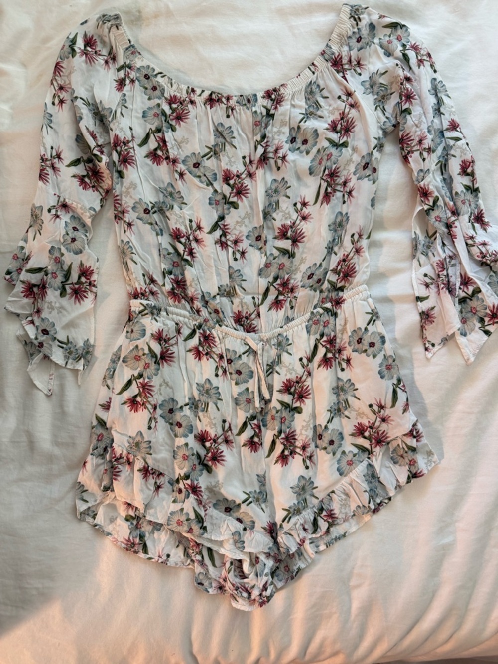 Cotton candy lane Floral Off-Shoulder Romper in White with Pink & Green Bloom